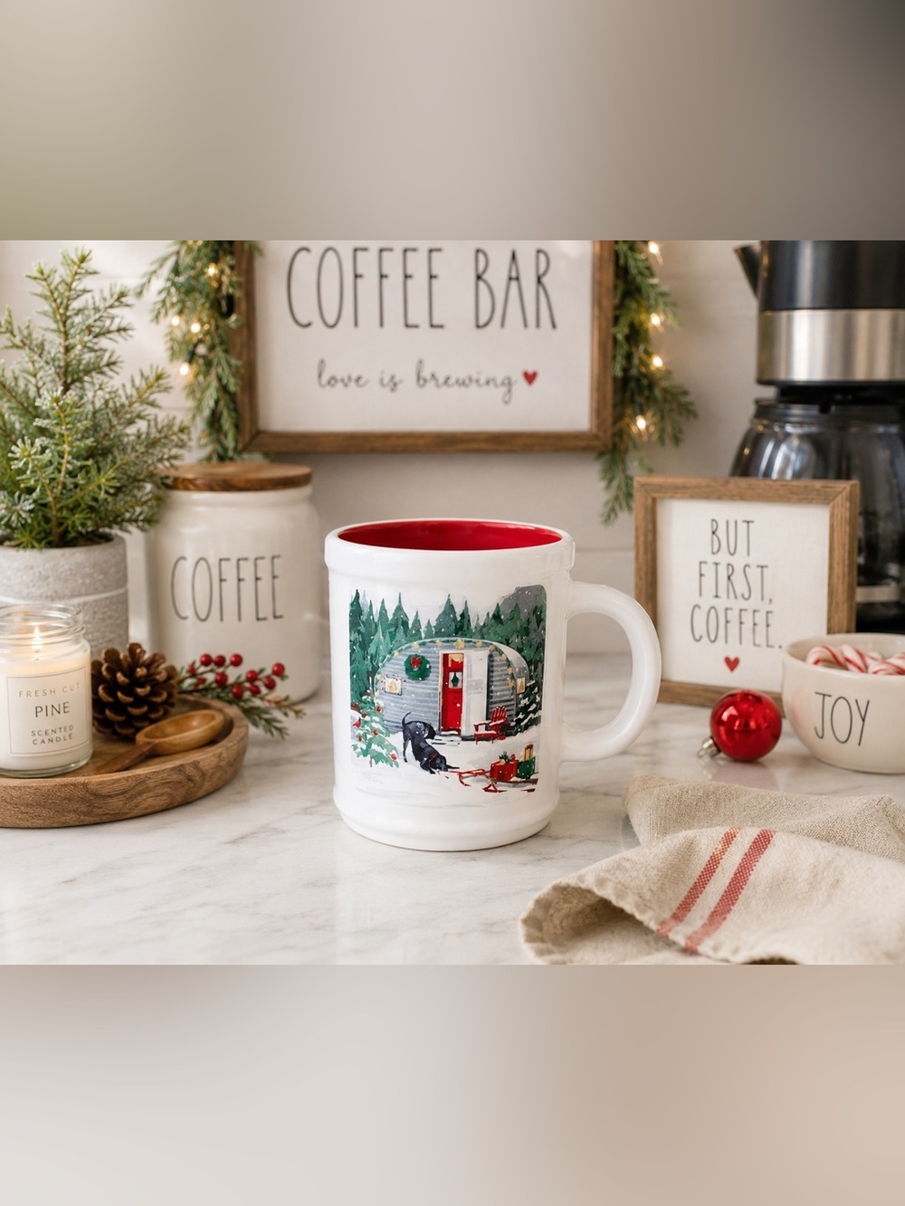 Magenta Rae Dunn Christmas Mug White Red Travel Camper Trailer Black Lab Dog